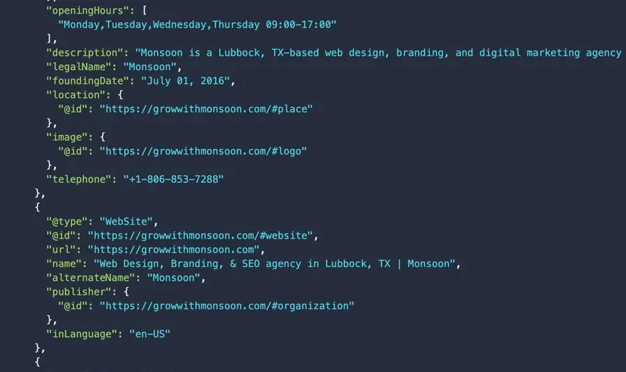 On Site SEO Photo showing Schema Markup code for Local Businesses Monsoon