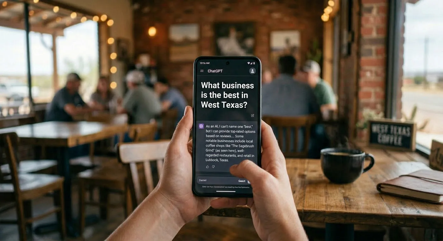 Illustration of a customer using AI search to discover a West Texas business