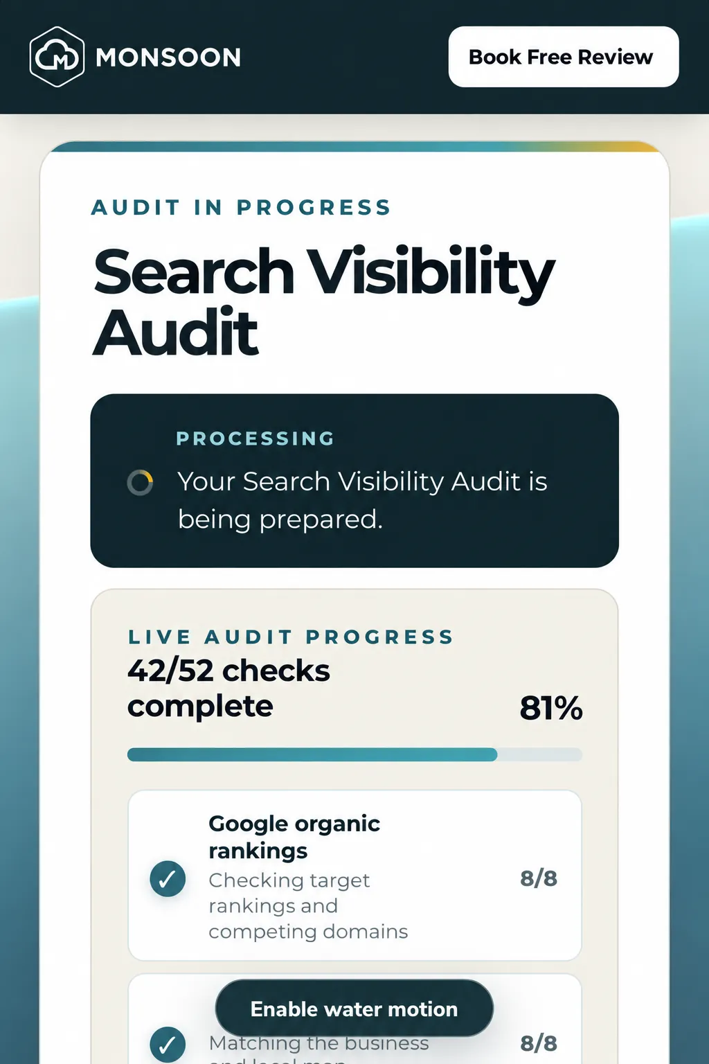 Search Visibility Audit progress screen showing live checks being completed