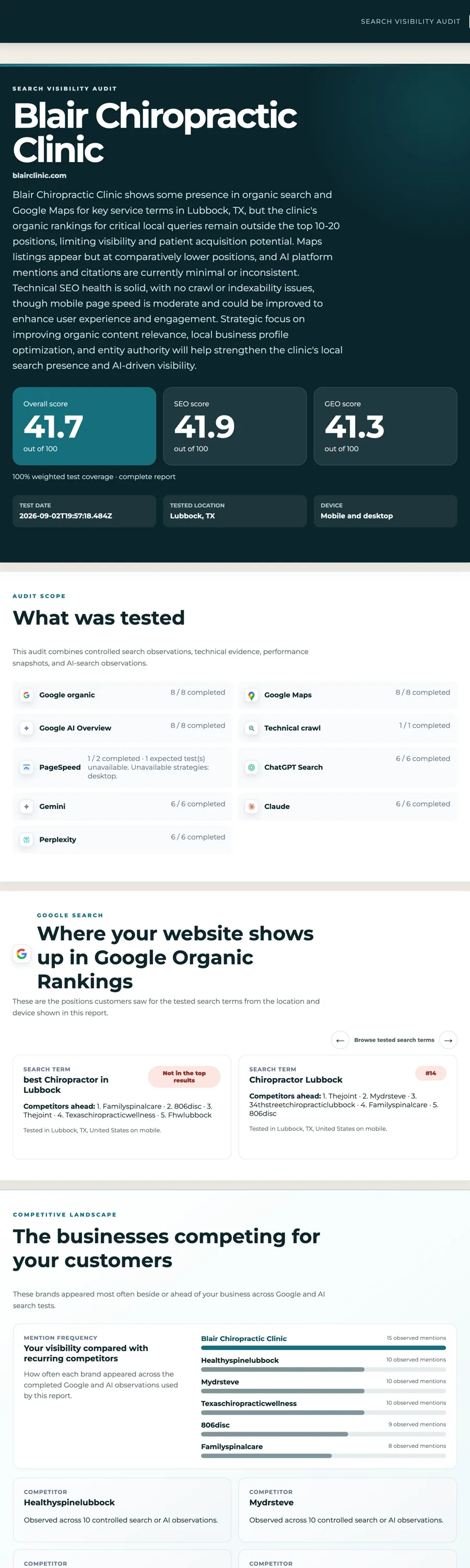 An example Monsoon Search Visibility Audit with findings, competitor comparisons and prompt-level results
