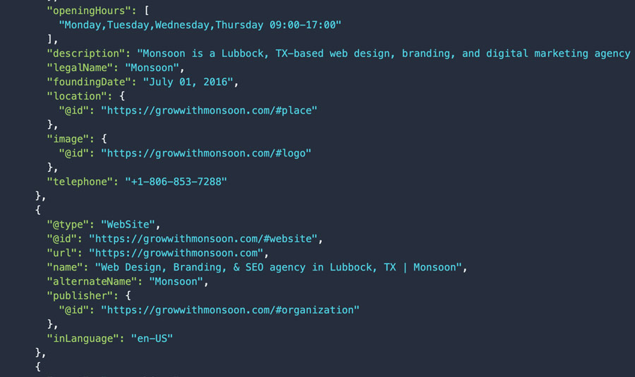 On Site SEO Photo showing Schema Markup code for Local Businesses Monsoon